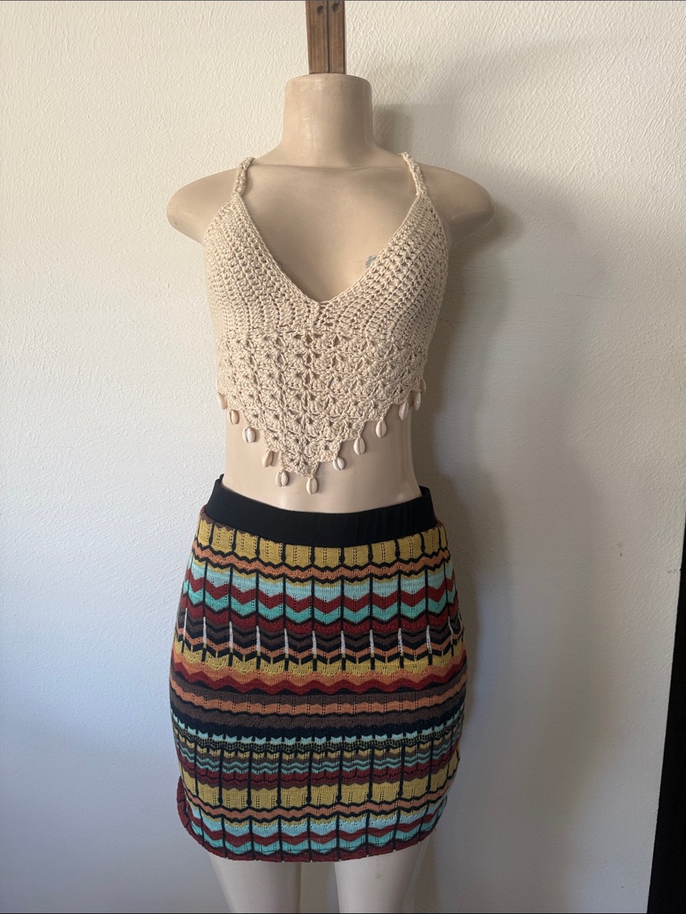Boho Cream Crochet Halter Camisole with Shell Fringe S